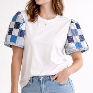 Custom Upcycled Reworked Vintage Patchwork Quilt Bubble Puff Sleeve Top XL